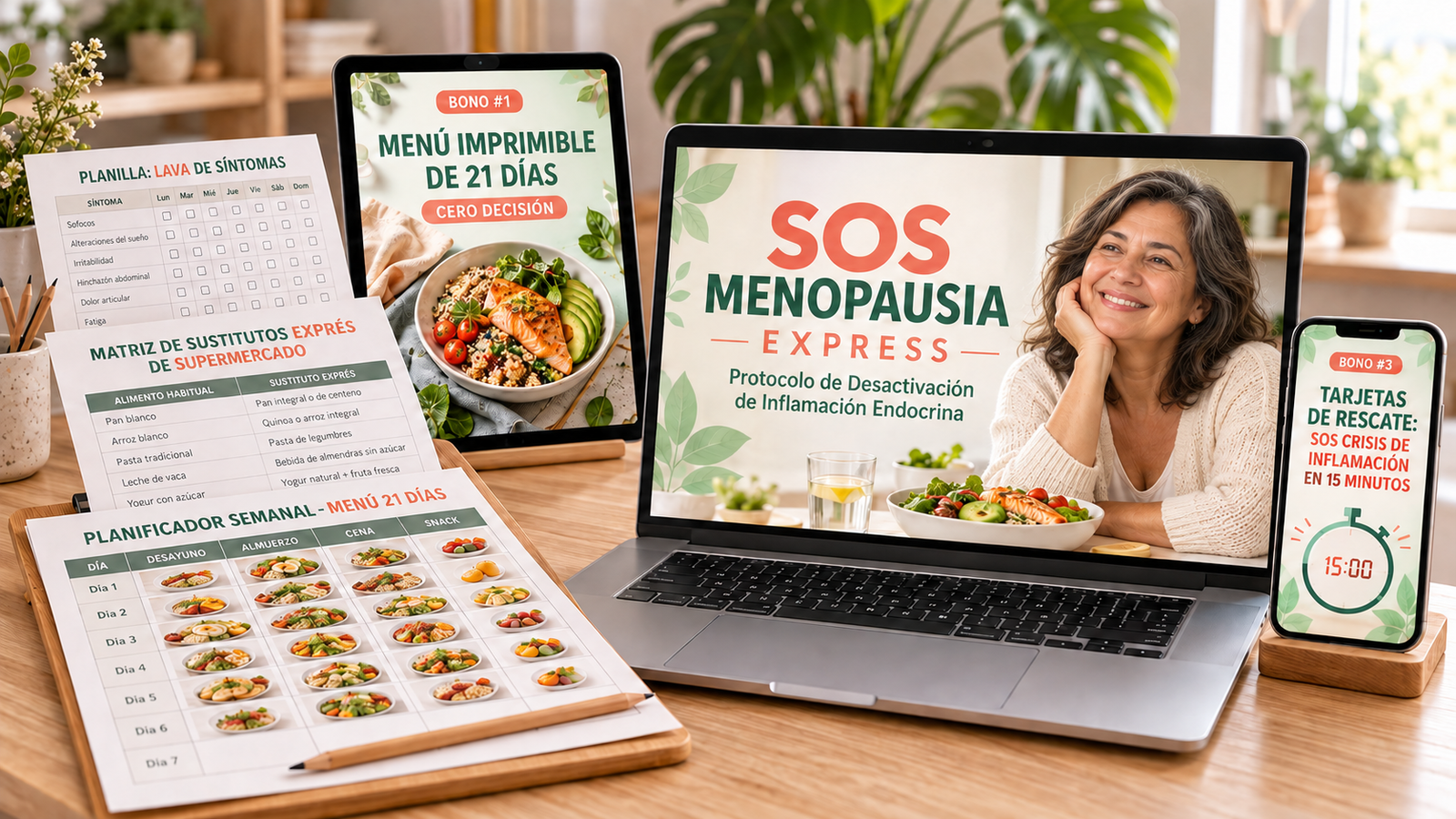 Mockup SOS Menopausia Express: guía, menú, matriz y tarjetas SOS